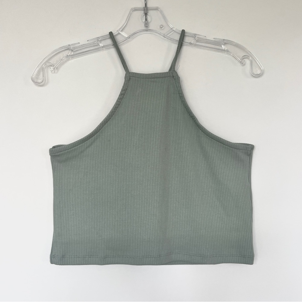 J Crew mint green ribbed high neck halter tank crop top